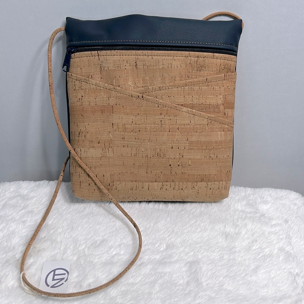 Natalie Therese Genuine Cork with Faux Navy Leather Medium Crossbody NWT